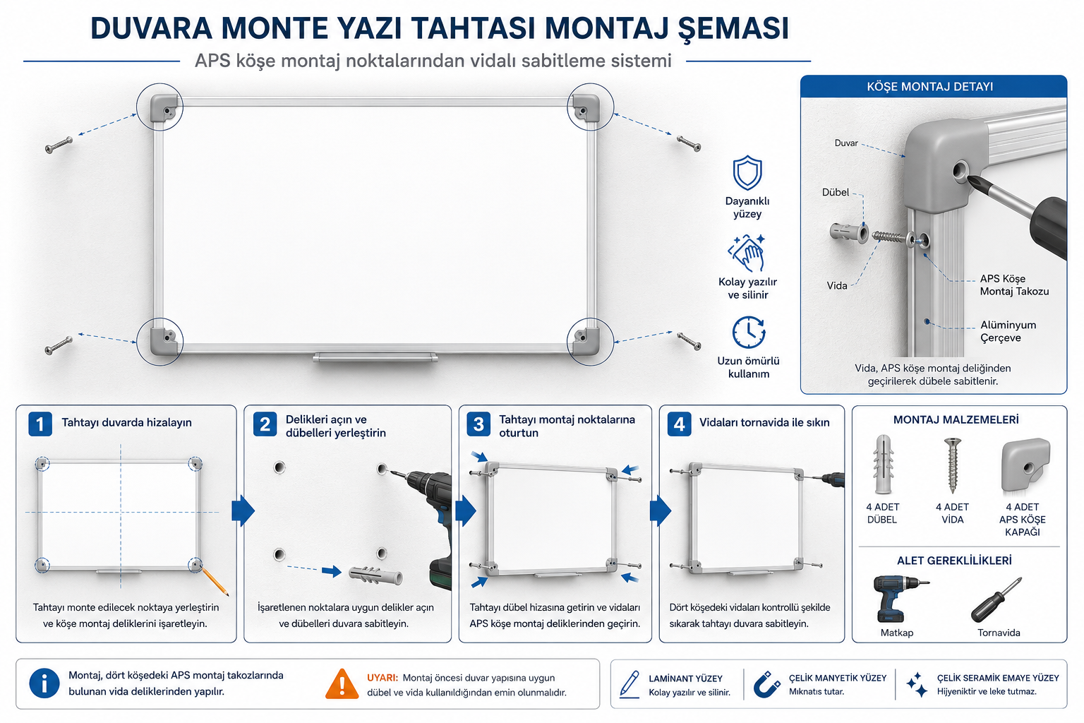Duvara Monte Yazı Tahtaları Montaj Kılavuzu montaj şeması